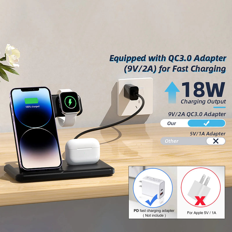 Wireless Charger 3 in 1 For iPhone 15 14 13 12 Pro Max 11 15W Fast Charging Dock Station For Apple Watch Airpods Induction Stand